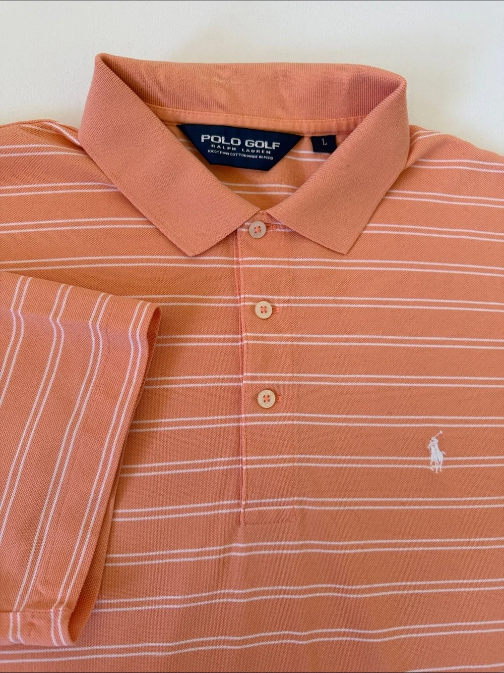 Ralph Lauren Polo Golf Orange Striped Polo with White Pony Logo Size Large‎